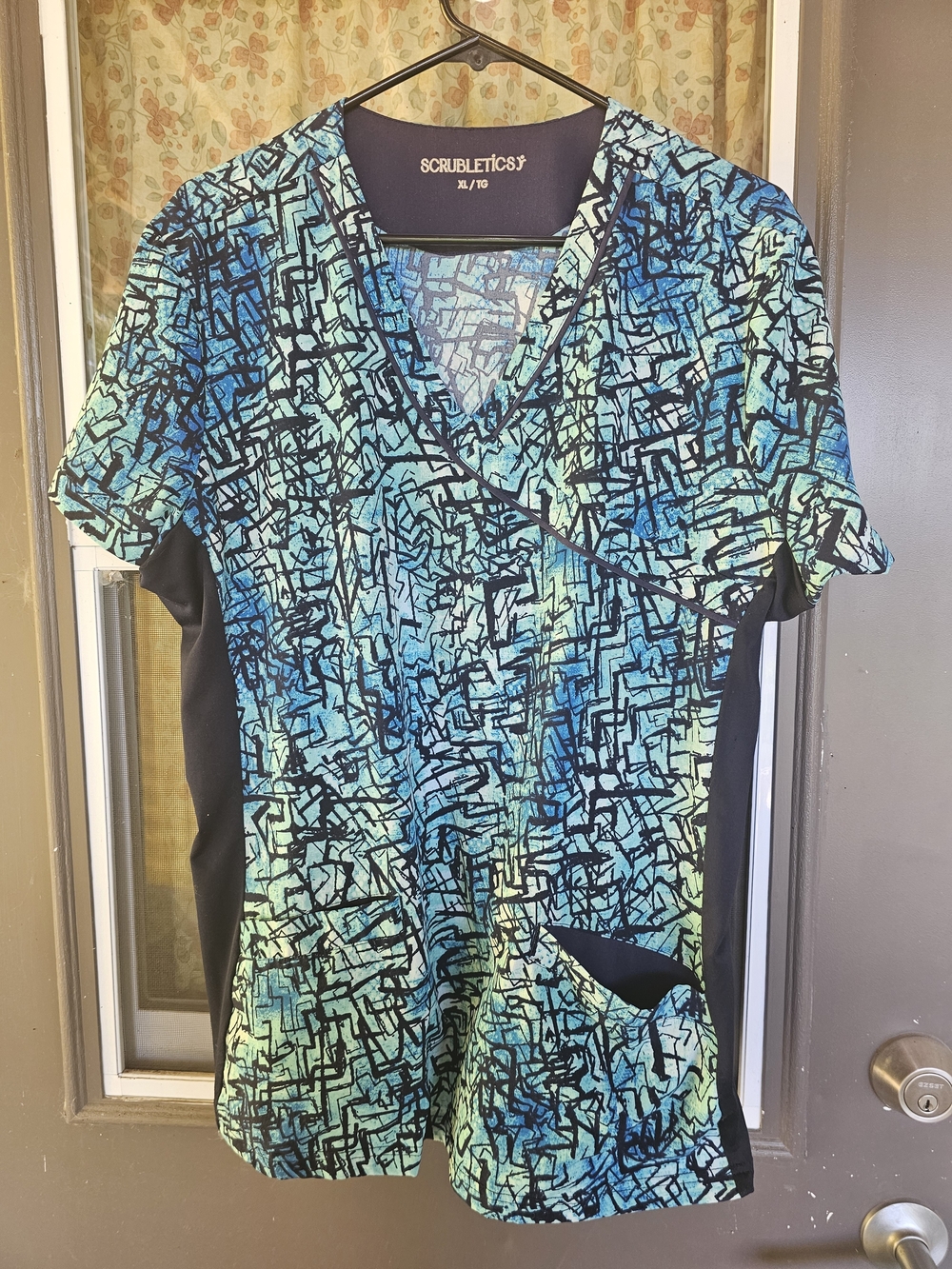 Scrubletics Women's Blue Green Printed V-Neck Medical Scrub Top